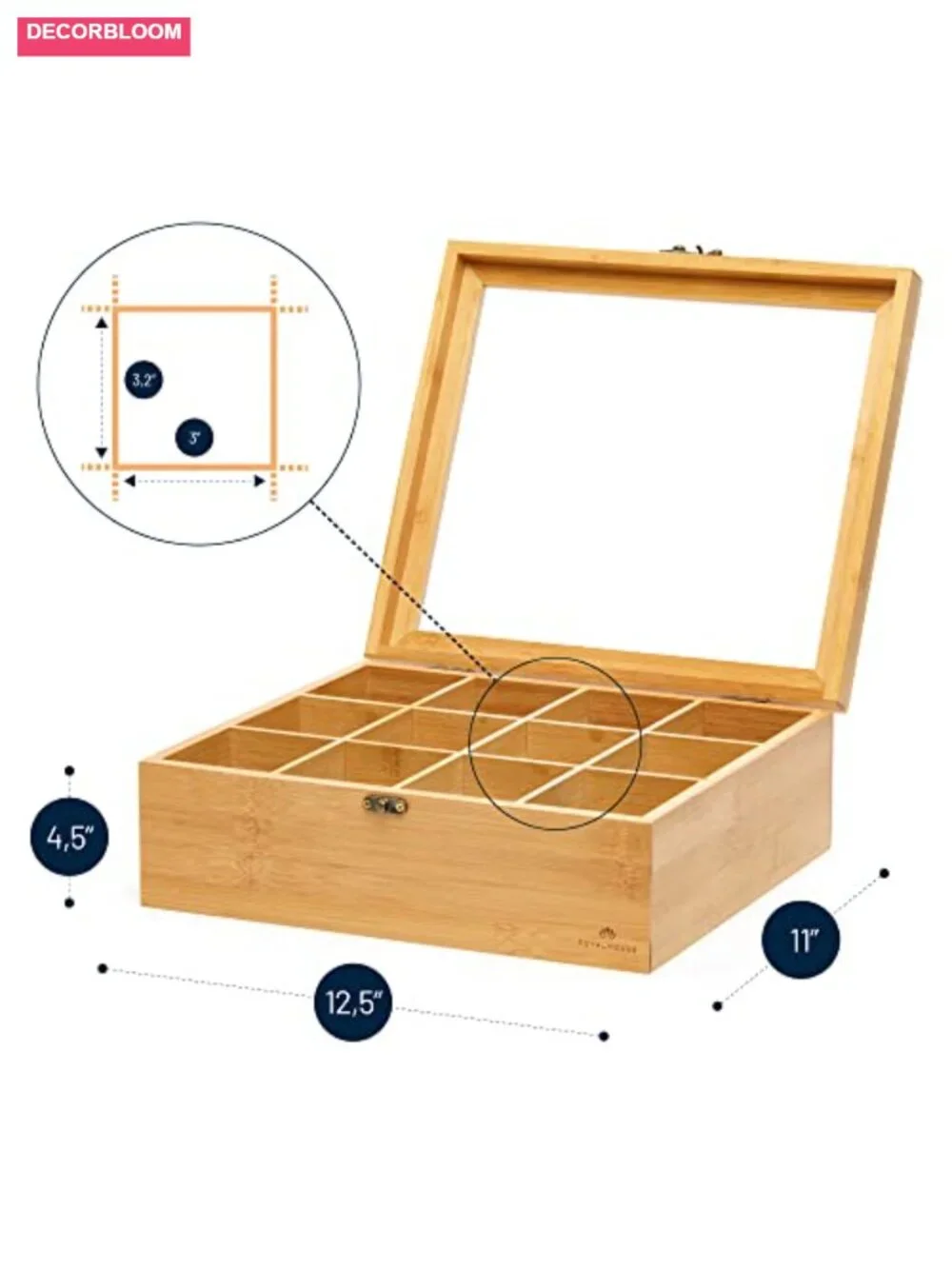 12-Compartment Natural Bamboo Tea Organizer with Acrylic Window